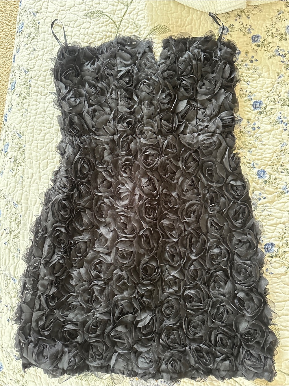 Black Floral Appliqué Strapless Party Dress